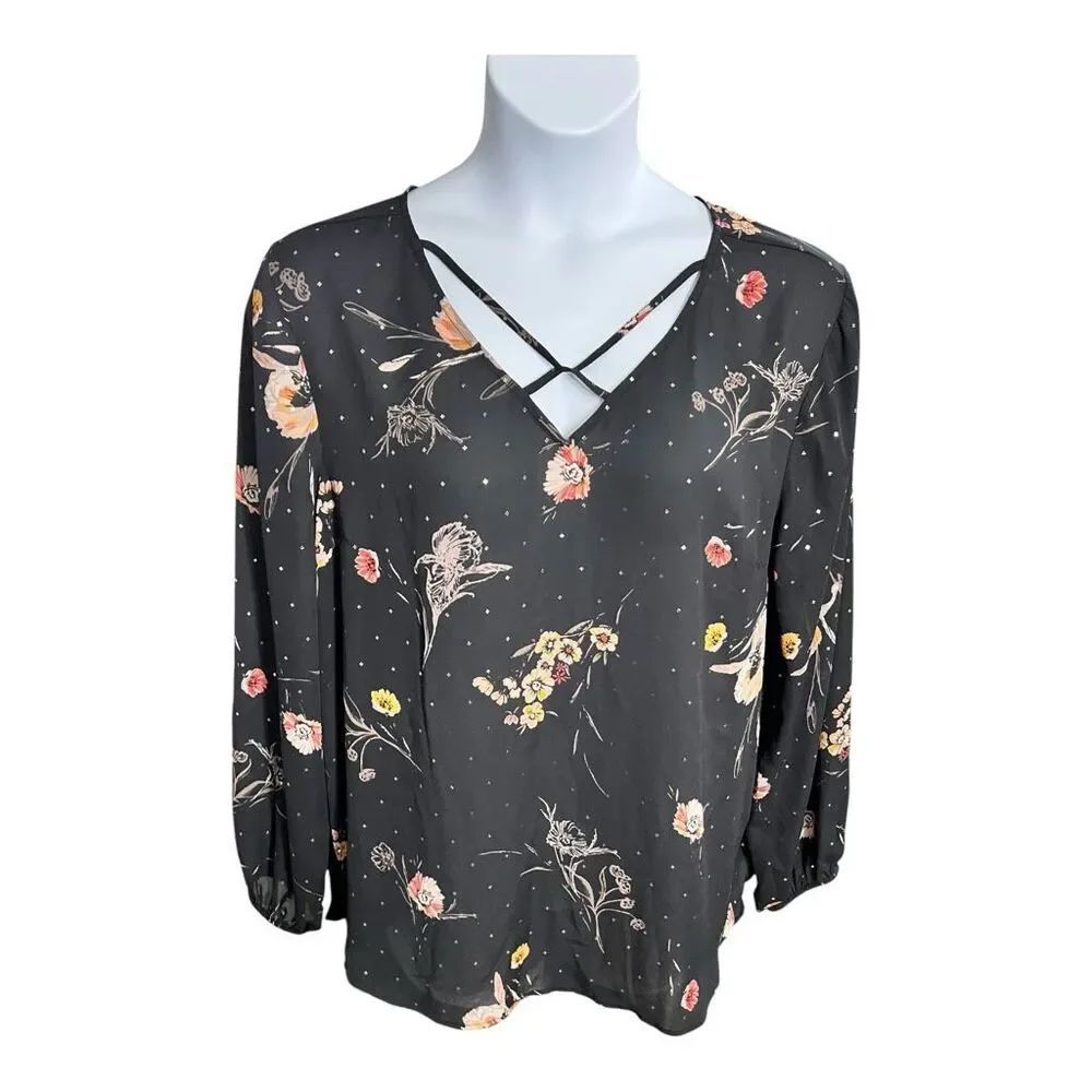 Maurices Black Floral Glitter Top Tunic XXL Criss-Cross Long Sleeve Pullover
